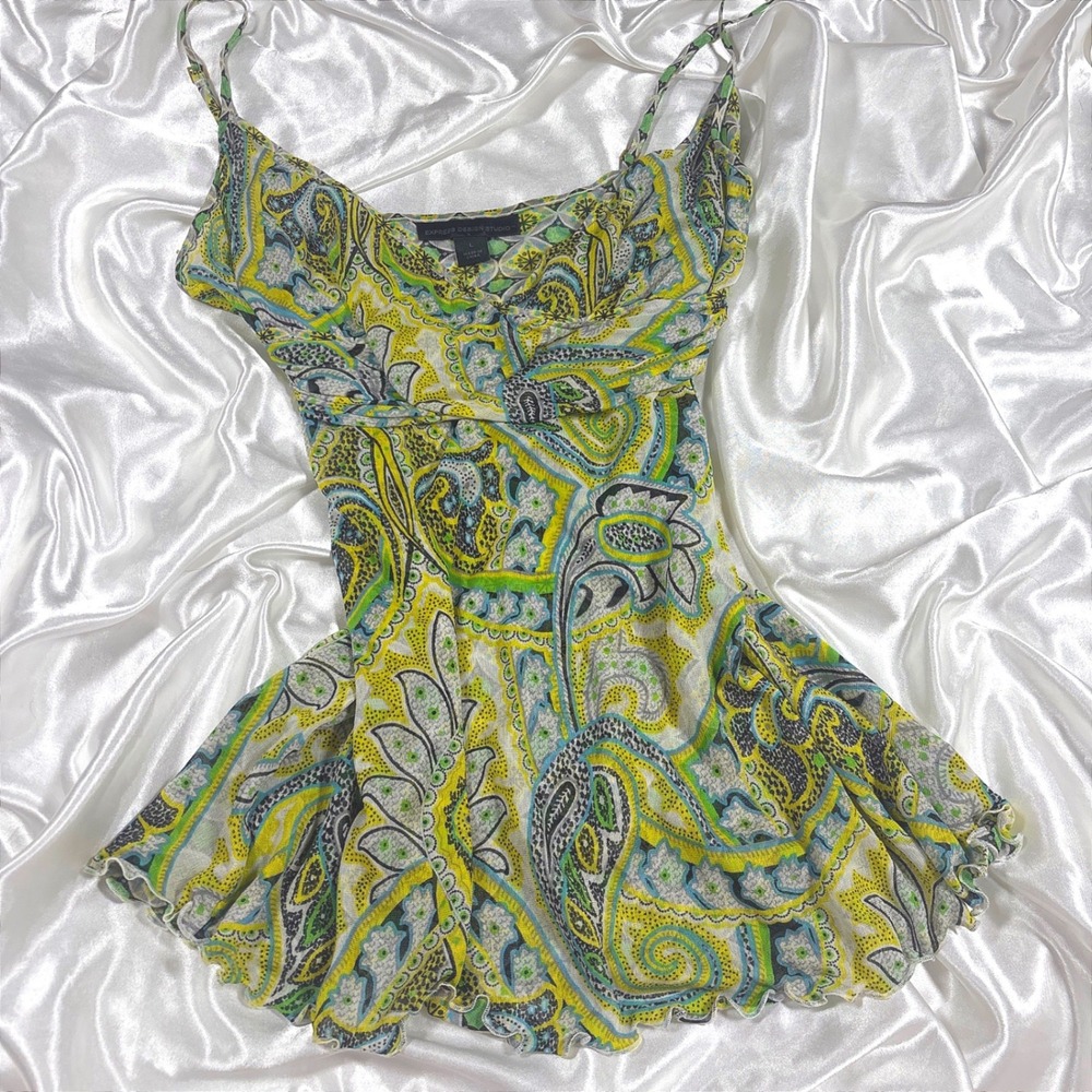 y2k Cami Top Yellow Paisley 100% Silk Lettuce Hem Express Design Studio